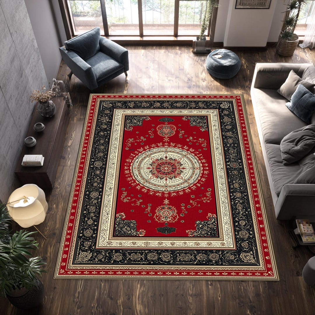 Classic Red Rug Persian Style Area Rug Vintage Oriental Carpet Traditional Medallion ...