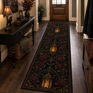 Gothic Lantern Runner Rug, Dark Academia Hallway Rug, Vintage Rose Carpet, Victorian Halloween Home Decor