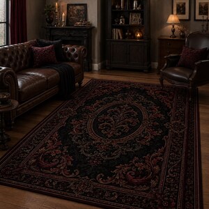 May include: A rectangular area rug featuring a dark black base with intricate, symmetrical damask patterns in deep red and muted gold tones. The design includes a central oval medallion surrounded by elaborate scrolling floral and leaf motifs.
