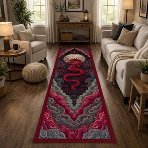 May include: A long, rectangular rug with a red dragon design. The dragon is centered on a dark background with a full moon, surrounded by red and grey cloud-like patterns. The rug has a red border.