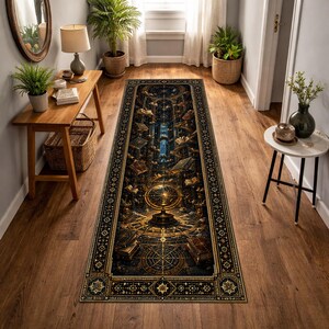 May include: A long rectangular runner rug featuring a dark, intricate design of a celestial library. The pattern includes floating books, a central golden armillary sphere, and complex geometric star charts in shades of navy blue and gold.