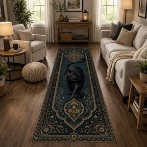 Black Panther Runner Rug, Dark Animal Carpet, Luxury Leopard Runner