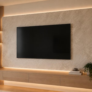 May include: A wall-mounted television unit featuring a large black flat-screen TV centered on a textured beige stone panel. The unit includes light wood slatted side panels, floating shelves with potted plants, and a long, low wooden media console.
