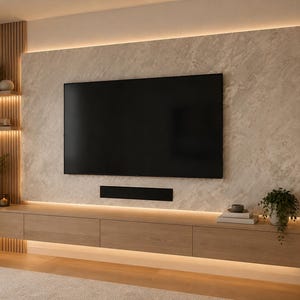 May include: A modern entertainment center with a large black television mounted on a textured wall. The unit features a long, light-colored wooden cabinet with recessed lighting, shelves, and decorative plants. The overall design is minimalist and stylish.