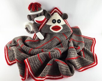 Sock Monkey Hooded Baby Blanket Crochet Pattern - Sock Monkey Baby Afghan - Baby Blanket With Hood - Animal Crochet - Instant Download PDF