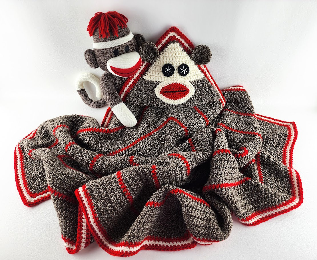 Sock Monkey Hooded Baby Blanket Crochet Pattern - Sock Monkey Baby Afghan - Baby Blanket With Hood - Animal Crochet - Instant Download PDF