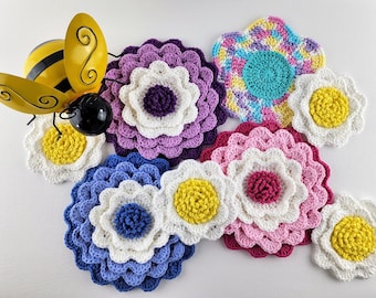 Blooming Flower Potholder Coaster and Dishcloth Set Crochet Pattern - Flower Coaster Pattern - Daisy Crochet Pattern - Instant Download PDF