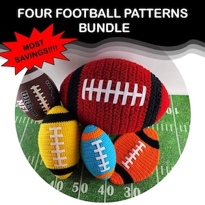 May include: Four crochet football patterns in a bundle. The footballs are red, yellow, blue, and orange. The footballs are on a green and white football field.