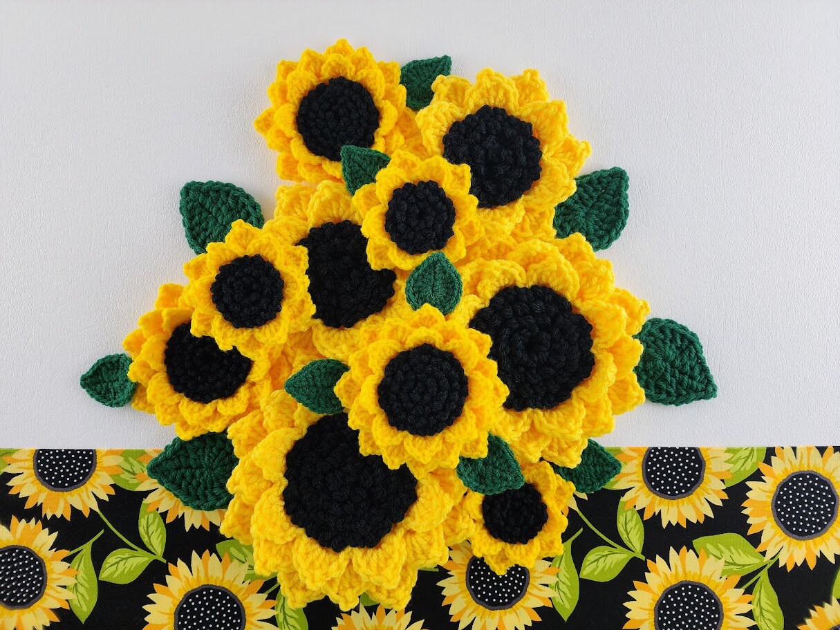 Sunflower and Leaf Appliques Crochet Pattern - Four Sunflower Sizes ...