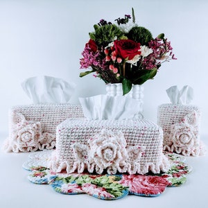 Cottage Tissue Box Covers Crochet Pattern in Three Sizes - Shabby Chic Crochet - Tissue Box Cozy Crochet Pattern - Instant Download PDF