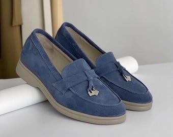 Damen Loafer aus echtem Wildleder – Handgefertigte Slipper in Blau – Weiche Sohle & Lederfutter