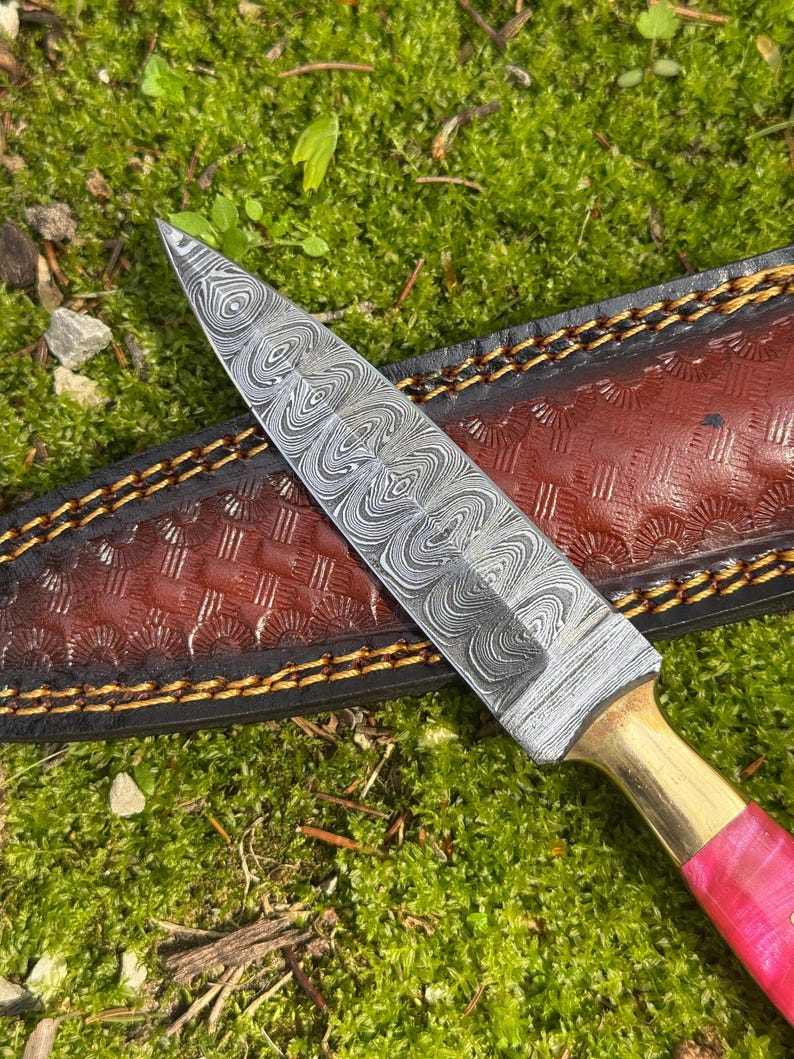 Pu&ograve; includere: Un coltello in acciaio Damasco con lama a fantasia, rinforzo in ottone e manico rosa. Il coltello poggia su un fodero in pelle marrone con cuciture decorative. La lama misura circa 20 cm.