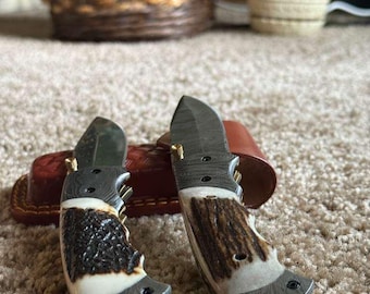 Handmade Damascus Steel Folding Pocket Knife - Real Stag Antler Handle with Leather Sheath - Custom Gift for Men, Hunting & Every Day Carry