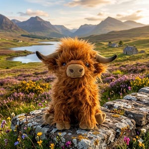 May include: A plush Highland cow toy with shaggy, reddish-brown fur, sitting on a stone wall. It has curved horns, a light brown snout, and is set against a scenic backdrop of mountains, a lake, and colorful wildflowers.