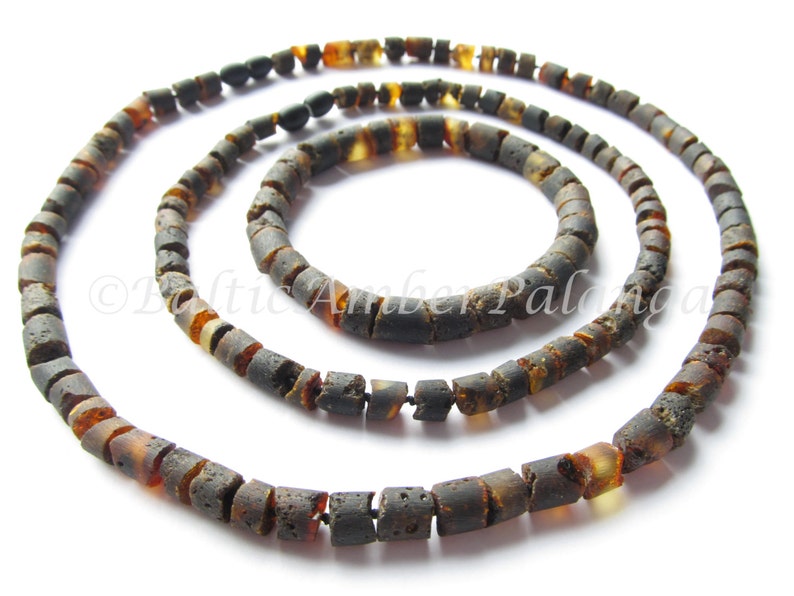 Raw Unpolished Baltic Amber Set For Baby and MommyDaddy Black Color Tube Shape Beads