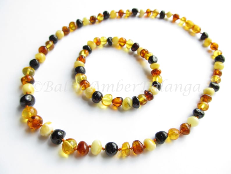 Set Of Multicolor Baltic Amber Necklace and Matching Bracelet