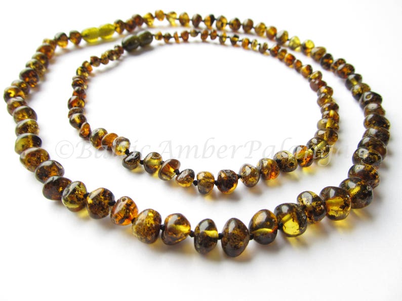 Baltic Amber Teething Set for Baby and Mommy Green Color Rounded Beads