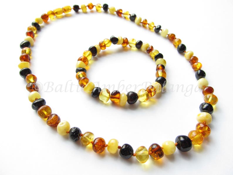Set Of Multicolor Baltic Amber Necklace and Matching Bracelet