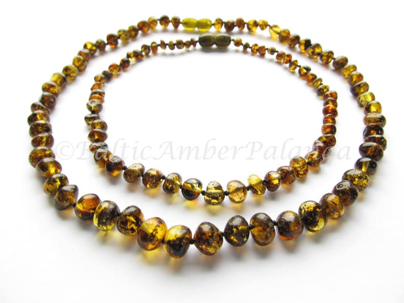 Baltic Amber Teething Set for Baby and Mommy Green Color Rounded Beads