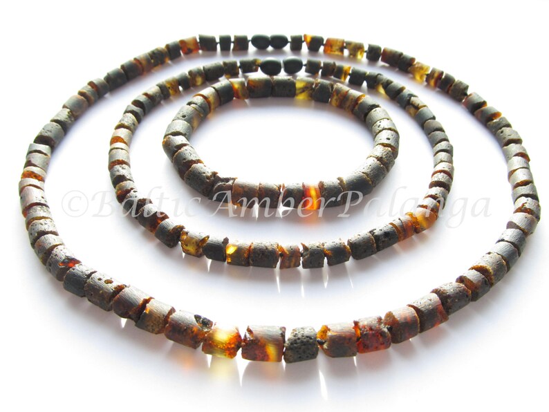 Raw Unpolished Baltic Amber Set For Baby and MommyDaddy Black Color Tube Shape Beads