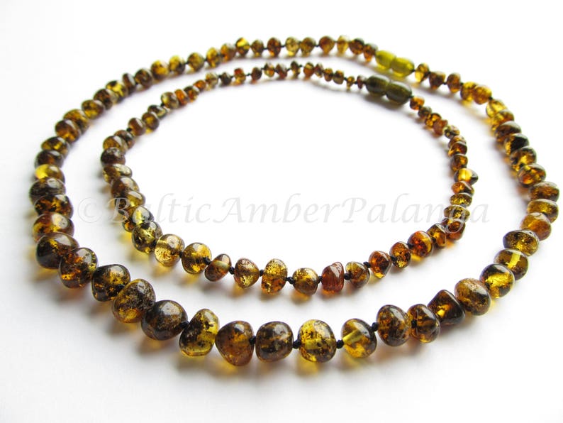 Baltic Amber Teething Set for Baby and Mommy Green Color Rounded Beads
