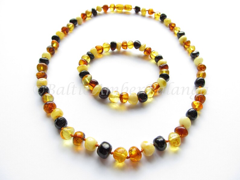 Set Of Multicolor Baltic Amber Necklace and Matching Bracelet