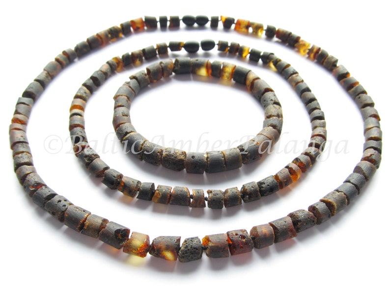 Raw Unpolished Baltic Amber Set For Baby and MommyDaddy Black Color Tube Shape Beads