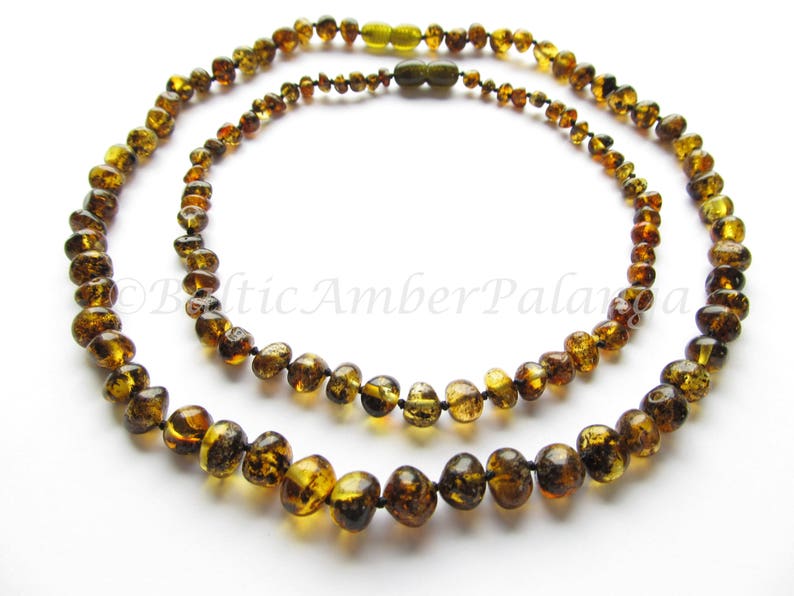 Baltic Amber Teething Set for Baby and Mommy Green Color Rounded Beads
