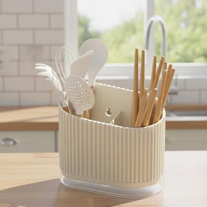 May include: A beige kitchen utensil holder with a ribbed design, holding white cooking tools and wooden chopsticks. The holder sits on a clear base, with a kitchen backdrop.