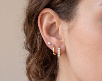 18K Gold Filled Opal Hoop Earrings Set,Dainty Opal Stud & Huggie Hoops,Minimalist Gold Opal Jewelry, October Birthstone Gift