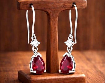 Ruby Teardrop Dangle Earrings, Pear Cut White Topaz, 925 Sterling Silver, Minimalist Gemstone Jewelry