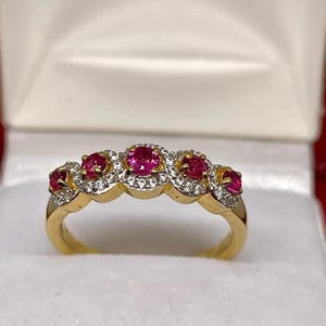 925 Sterling Silver Pink Ruby Diamond Halo Ring, Vintage Wedding Band, July Birthstone