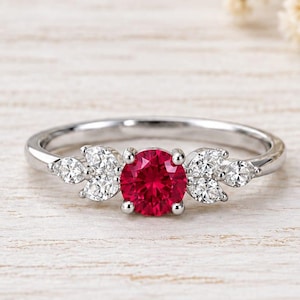 Sterling Silver Ruby Ring with Zircon Accents, Vintage Floral Design