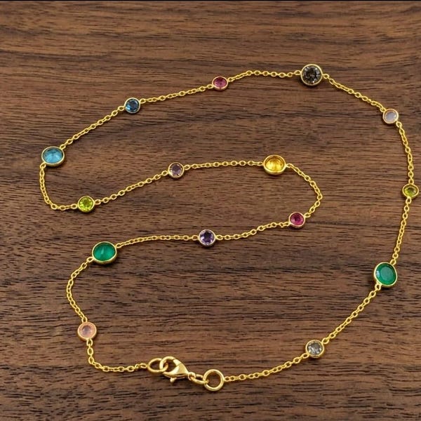 Multi Sapphire Station Necklace, 925 Sterling Silver Rainbow Gemstone Chain