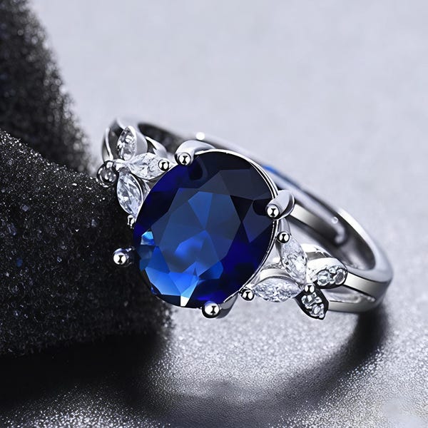 Handmade Oval Blue Sapphire Ring, Floral Zircon, 925 Sterling Silver