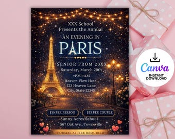 Promflyer Parijs, uitnodiging schooldans, canvassjabloon (digitale download)