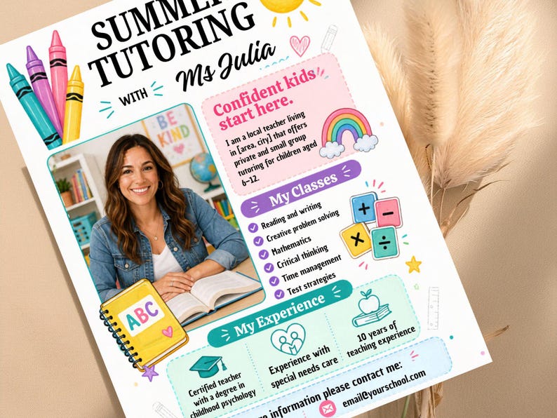 Op de afbeelding: Een kleurrijke flyer die zomertutoring met Ms. Julia promoot. De flyer toont een lachende vrouw, kleurpotloden en de tekst "Summer Tutoring" en "Confident kids start here." Het vermeldt lessen en ervaring.