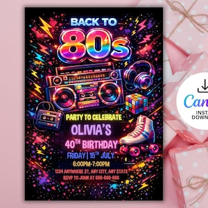 Può includere: Un invito vivace per il 40° compleanno di Olivia, a tema "Back to the 80s". Il design presenta un boombox, un pattino a rotelle, un cubo di Rubik e delle cuffie. L'invito include data, ora e informazioni RSVP, il tutto su sfondo nero.