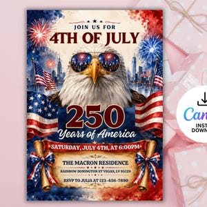 Puede incluir: Una invitación patriótica para el 4 de julio, con un águila con gafas de sol con un reflejo del horizonte de la ciudad. El diseño incluye banderas americanas, fuegos artificiales y el texto "250 Years of America".