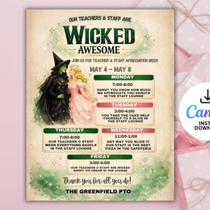 May include: A vintage-style poster with the text "Our Teachers & Staff Are Wicked Awesome" and event details for Teacher & Staff Appreciation Week. Includes illustrations of characters and a Canva instant download logo.