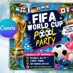 May include: A FIFA World Cup pool party invitation featuring a gold trophy, soccer balls, a pink flamingo float, and sunglasses. Text includes FIFA WORLD CUP POOL PARTY, EAT. DRINK. WATCH. CELEBRATE., Matthew's 10th Birthday, Saturday, July 15th, 4:00PM-9:00PM.