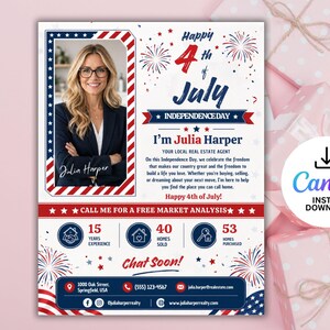 Op de afbeelding: Patriottische vastgoedflyer voor 4 juli met Julia Harper, een lokale makelaar. Het ontwerp bevat rode, witte en blauwe elementen, vuurwerk en de tekst "Happy 4th of July".
