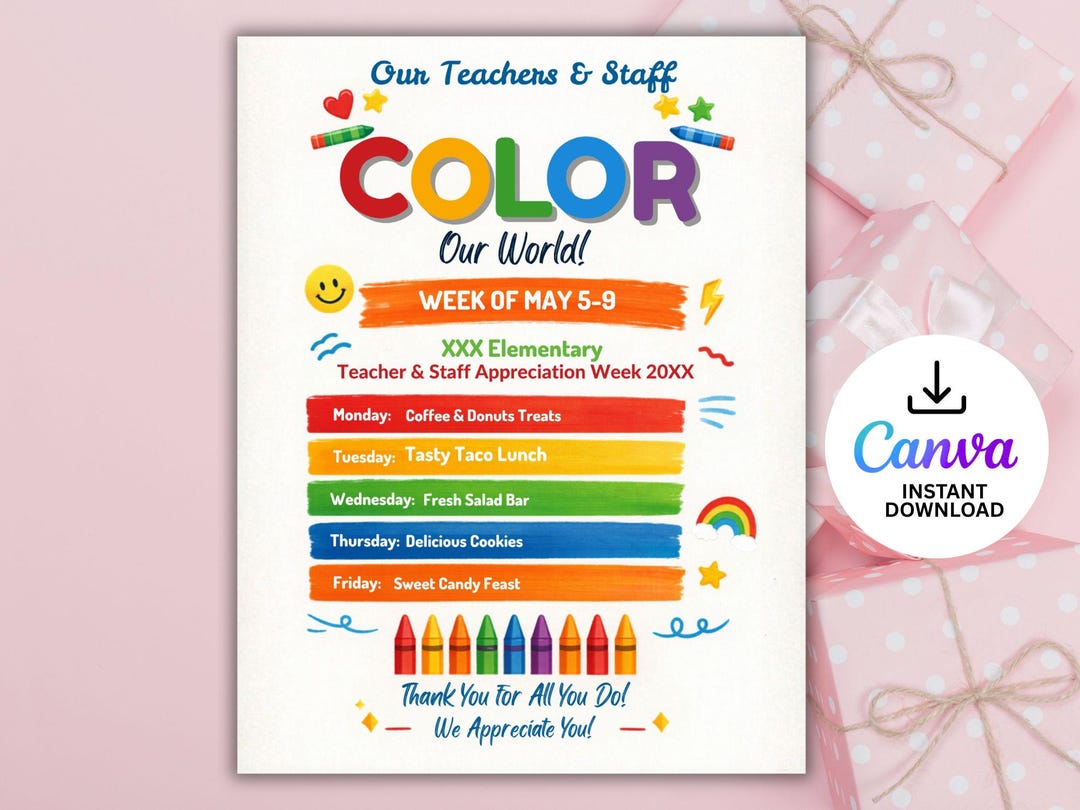 Rainbow Teacher Appreciation Week Coloring Itinerary Flyer (canva ...