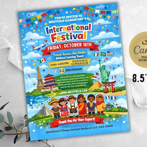 Könnte beinhalten: Ein farbenfrohes Plakat für das Internationale Festival der Westfield Elementary, mit Illustrationen von Wahrzeichen wie dem Eiffelturm. Das Plakat enthält Veranstaltungsdetails, Datum, Uhrzeit und eine "Canva Instant Download" Grafik. Das Plakat ist 21,6 cm x 27,9 cm groß.