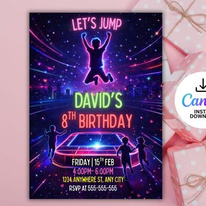 Puede incluir: Una vibrante invitación para el 8º cumpleaños de David, con un diseño de neón y una figura saltando. El texto dice "LET'S JUMP". La invitación incluye detalles del evento: fecha, hora, lugar e información de RSVP. El logotipo de Canva también es visible.