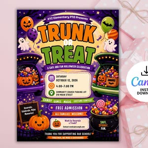 May include: A Trunk or Treat event flyer featuring a purple and green car with open trunks filled with pumpkins and candy. The design includes ghosts, balloons, a cauldron, and text detailing a Halloween celebration on October 12, 2026.