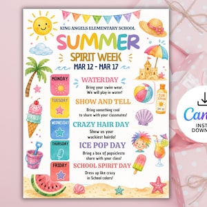Può includere: Volantino estivo colorato per la Spirit Week della King Angels Elementary School, dal 12 al 17 marzo. Presenta illustrazioni di sole, gelato, pallone da spiaggia e testo che descrive i temi giornalieri come Waterday e Crazy Hair Day. Include un logo Canva.