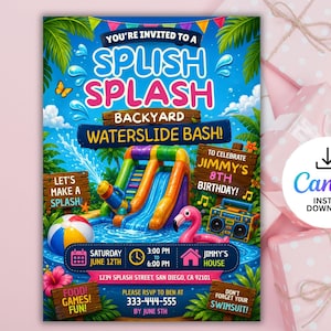 May include: A colourful digital invitation for a backyard waterslide birthday party. The text reads: You're invited to a Splish Splash Backyard Waterslide Bash! To celebrate Jimmy's 8th birthday! Saturday June 12th, 3:00 PM to 6:00 PM, Jimmy's House.