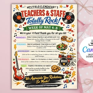 Rock and Roll Teacher Appreciation Week Itinerary Flyer (Canva Template)
