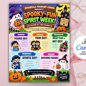 May include: A colorful flyer for Riverdale Primary School Spooky-Fun Spirit Week from September 24 to September 30. The design features cartoon ghosts, pumpkins, a haunted house, and daily themes including Pajama Day, Twin Day, Wacky Hair and Hat Day, Sports Day, and a Costume Parade.